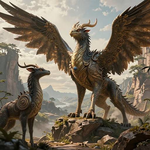 Digital fantasy artwork of two ornate, dragon-like creatures with intricate gold and bronze scales, large wings, and horns, standing on a rocky mountain ledge