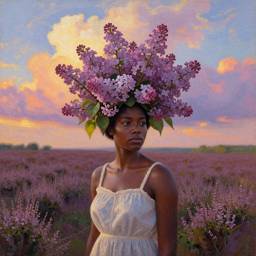 Photograph of a dark-skinned woman wearing a white lace dress, adorned with a large, vivid purple lilac flower crown, standing in a blo