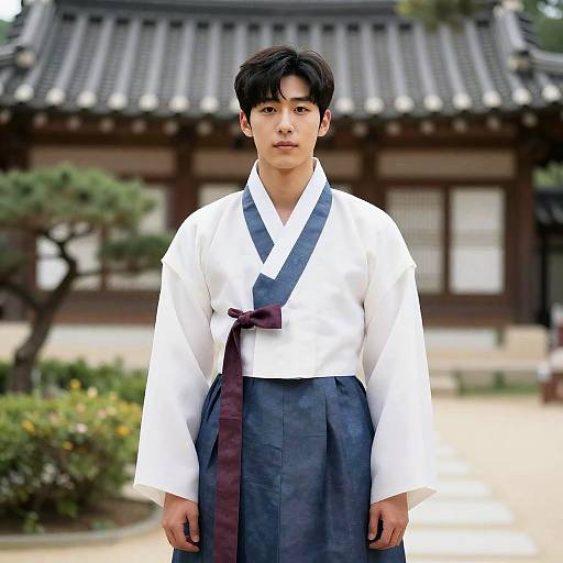 Man in Traditional Korean Hanbok in Garden