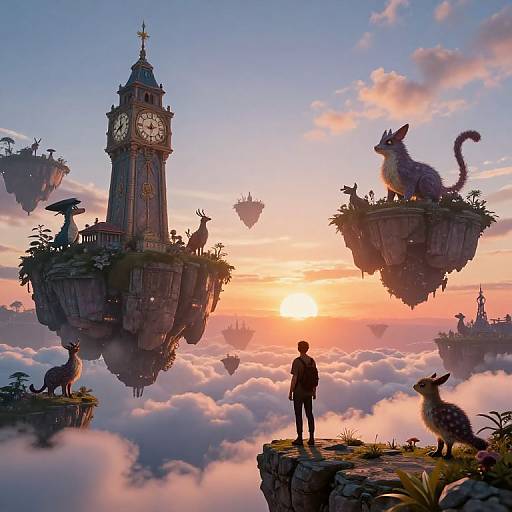 Fantastical sunset scene: silhouetted figure on cliff, giant clock tower, floating islands with animals, and a cat, surrounded by clouds