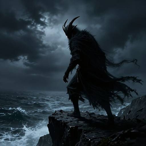 Dark, stormy night: Silhouetted demonic figure with horned helmet and tattered cloak stands on rocky cliff, waves crashing below. Digital