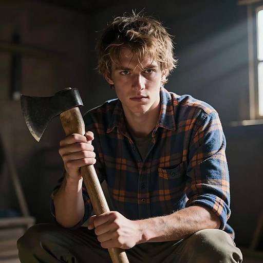 Young Man Holding Axe in Rustic Room