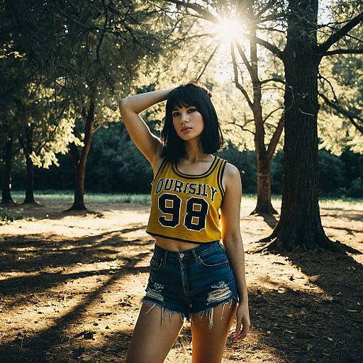 Woman in Varsity Crop Top and Denim Shorts in Forest