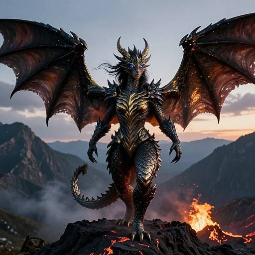 Photorealistic digital artwork of a towering, black-scaled dragon with glowing blue eyes, fiery wings, and spiked armor, standing on a mountainside