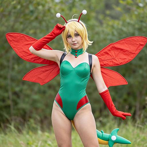 Photograph of a blonde woman in a green, red, and black cosplay outfit with red wings, antennae, and red gloves, standing outdoors in