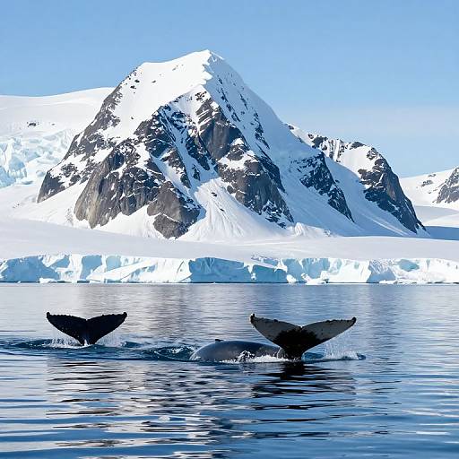 Photograph of two whale tails emerging from icy blue water, with a snowy, jagged mountain peak in the clear sky background.