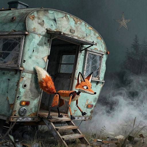 Digital art: A rusty, abandoned bus with a worn door, standing on train tracks. A vibrant orange fox with a white-tipped tail stands beside