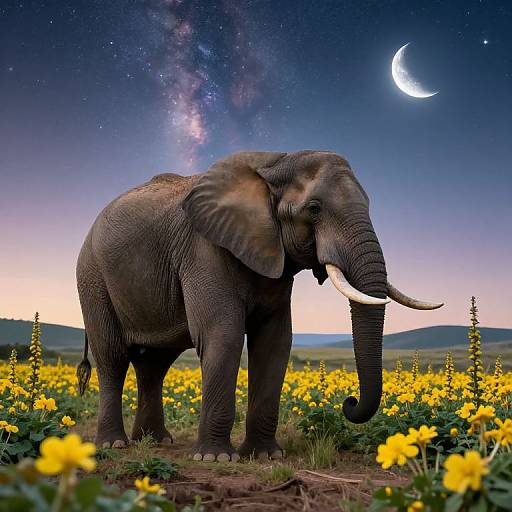 Photograph of a large, gray African elephant with white tusks standing in a vibrant yellow flower field under a starry night sky with a crescent
