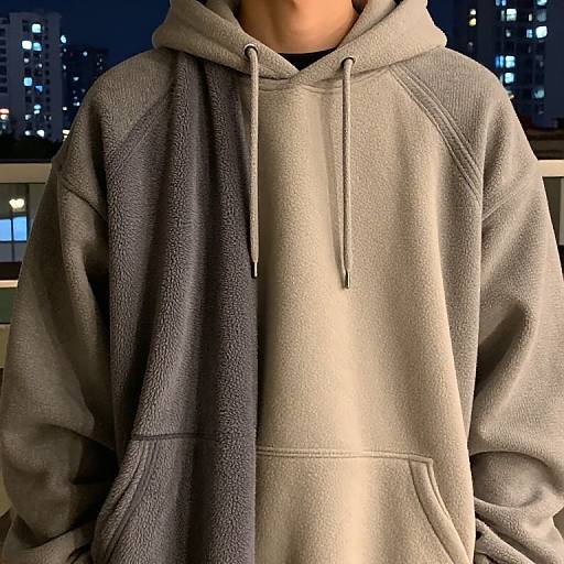 Photograph of a person wearing a gray, textured hoodie with white drawstrings, standing outdoors at night, city lights in the background.