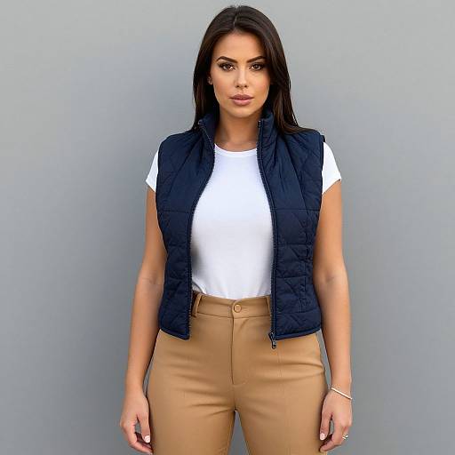 Photograph of a brunette woman with straight hair, wearing a white t-shirt, black puffer vest, and tan high-waisted pants, standing