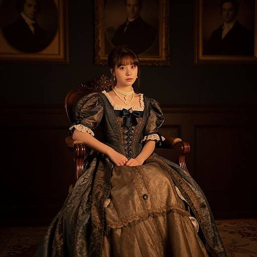 Photograph of a young woman in a Victorian-style black and brown dress with lace, seated in a dimly lit, ornate room, flanked