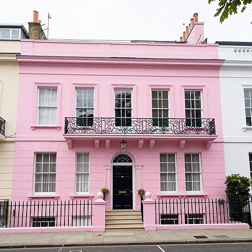 Photograph of a pastel pink townhouse with black wrought iron balcony, white windows, black door, and potted plants on steps.