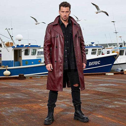 Photograph: Brooding man with dark hair, beard, and intense gaze, wearing a long maroon leather coat, black shirt, and pants,