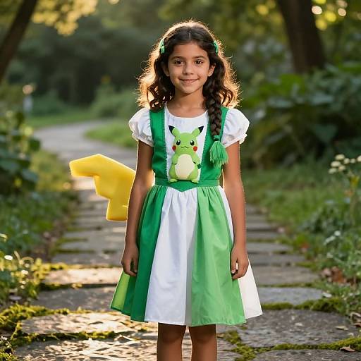 Photograph of a young girl with dark curly hair, wearing a green and white dress with a Pikachu plush, standing on a sunlit garden path.
