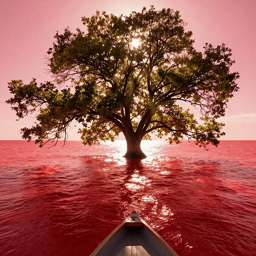 Digital artwork of a silhouetted tree with sunlight shining through, centered in a vibrant red ocean, viewed from a boat's bow.