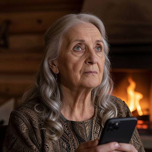 Photograph of an elderly woman with long, wavy gray hair, wearing a brown patterned top, holding a black phone, looking upwards with a