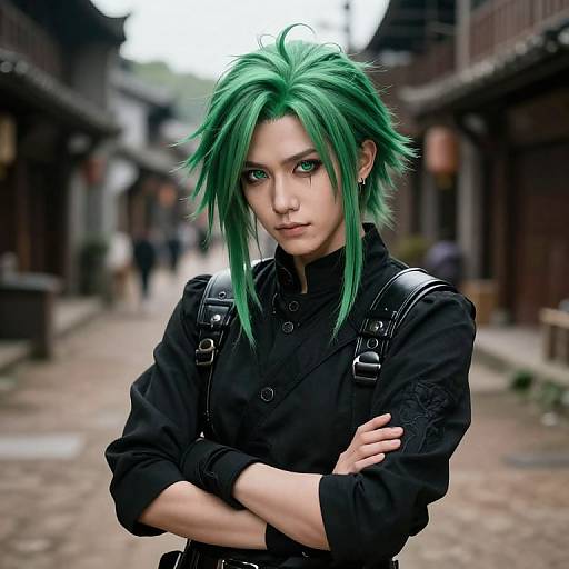 Digital artwork of a green-haired, anime-style character with intense green eyes, wearing a black button-up shirt and leather straps, standing with arms crossed in