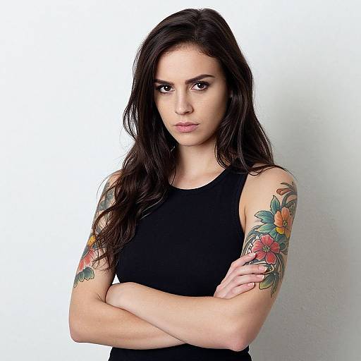 Photograph of a serious, pale-skinned woman with long, dark brown hair, wearing a black sleeveless top, arms crossed, showcasing colorful floral