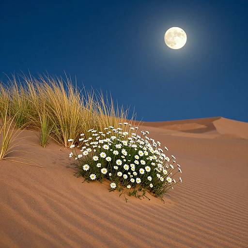 Photograph of a full moon over a desert with golden grass, white daisy flowers, and rippled sand under a deep blue night sky.