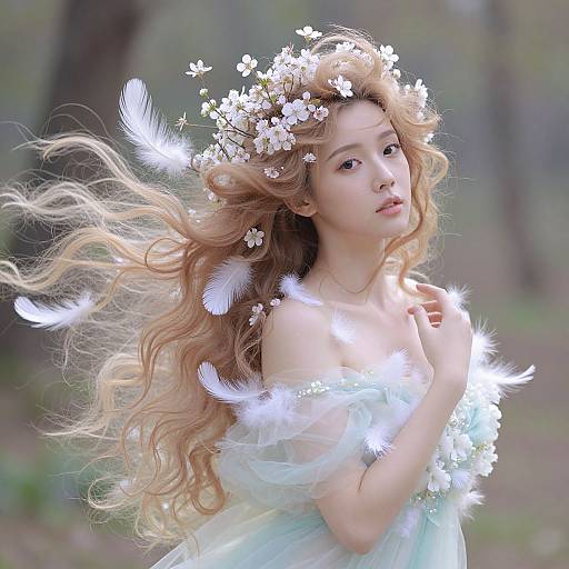 Photorealistic digital art of a fair-skinned woman with flowing blonde hair, wearing a white flower crown and feathered dress, surrounded by white feathers