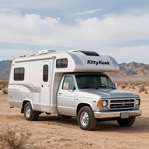 Silver Skoolie RV in Desert Landscape