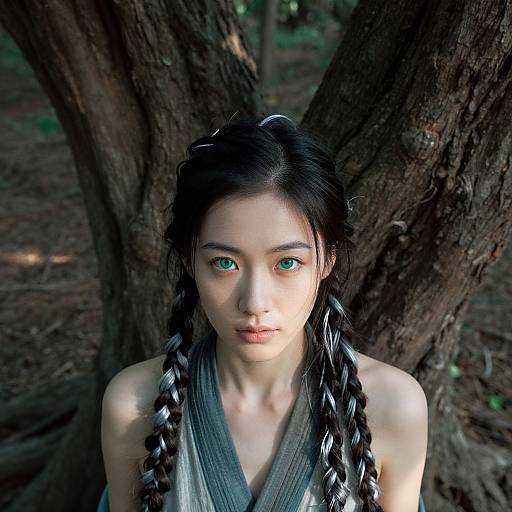 Photograph of a young Asian woman with green eyes, long black braids, and a gray sleeveless top, standing against tree trunks in a