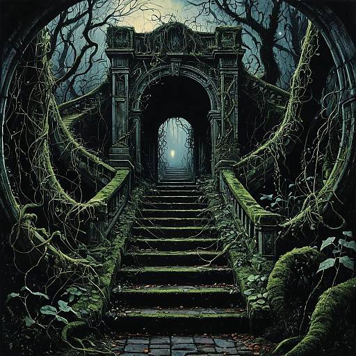 Haunting Staircase with Moss and Vines