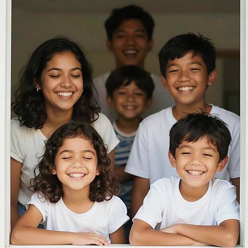 Smiling Siblings and Family Indoors