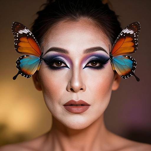 Photograph of a woman with striking blue and orange butterfly wings on her head, intense dark eye makeup, and neutral lipstick, against a blurred warm background