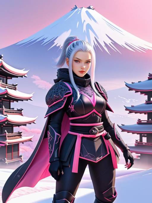 Futuristic Female Samurai Warrior in Snowy Japanese Landscape