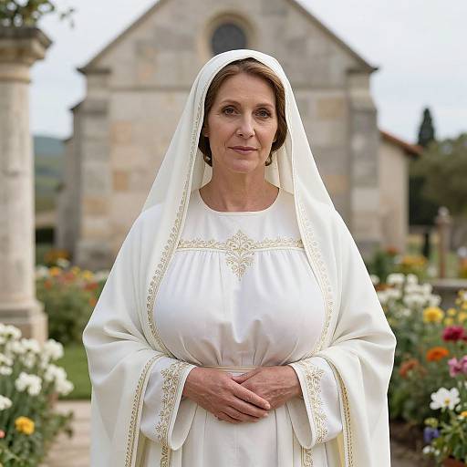 Photograph of a mature Caucasian woman in a white, ornate nun's habit with veil, standing in front of a stone church with blooming flower
