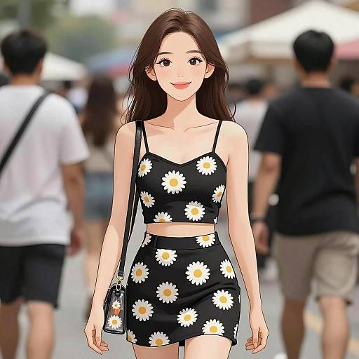 Smiling Woman in Daisy Print Outfit
