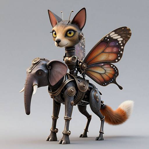 Digital CGI of a stylized fox-cat hybrid with orange fur, yellow eyes, and large butterfly wings, riding an intricately armored, metallic elephant.