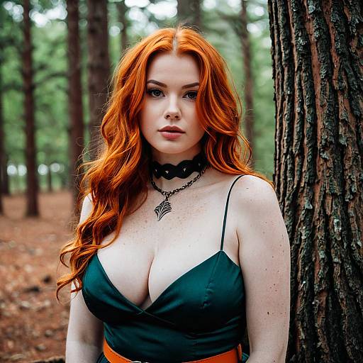 Red-haired Woman in Forest Wearing Green Dress
