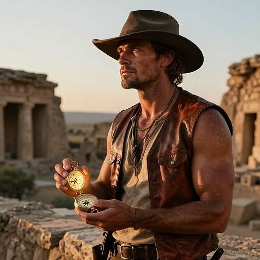 Photograph of a muscular, bearded man in a brown vest and cowboy hat, holding a glowing pocket watch, against a sunset ruins background.