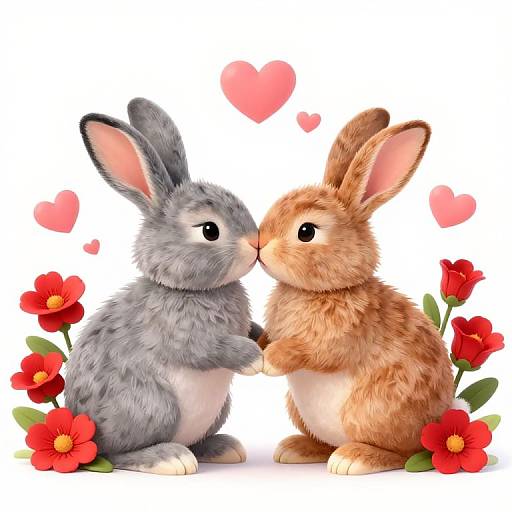 Digital illustration of two cute, fluffy rabbits, one gray and one brown, kissing noses with pink hearts above, surrounded by red flowers.