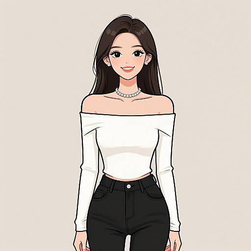 Digital anime-style drawing of a smiling woman with long dark hair, wearing an off-shoulder white top, black high-waisted jeans, and