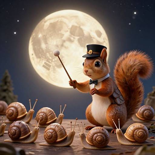 Digital artwork: Anthropomorphic squirrel in a top hat and bowtie, holding a magic wand, stands among snails under a bright full moon.