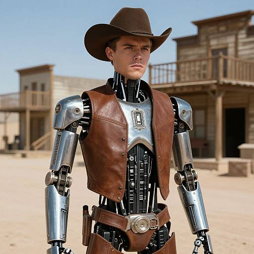 CGI image of a male robot cowboy with metallic arms and chest, brown leather vest, hat, and belt, standing in a dusty, western town