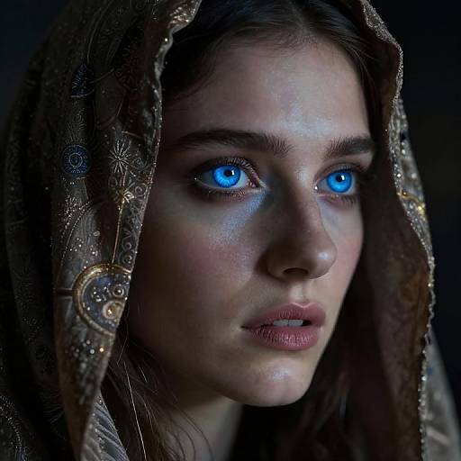 Photograph-style digital image of a young woman with striking blue eyes, wearing a detailed brown headscarf, illuminated against a dark background.