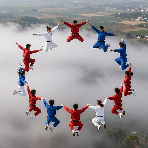 Dynamic Group Jumping Above Cloudy Landscape
