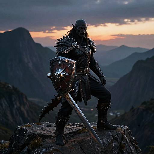 Epic fantasy warrior with pointed ears, spiked armor, and glowing shield stands on rocky peak at sunset, mountains in background.