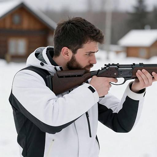 Bearded Man Aiming Rifle in Snow