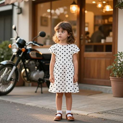 Photograph of a young girl with brown hair wearing a white polka dot dress, brown shoes, and white socks, standing in front of a cozy