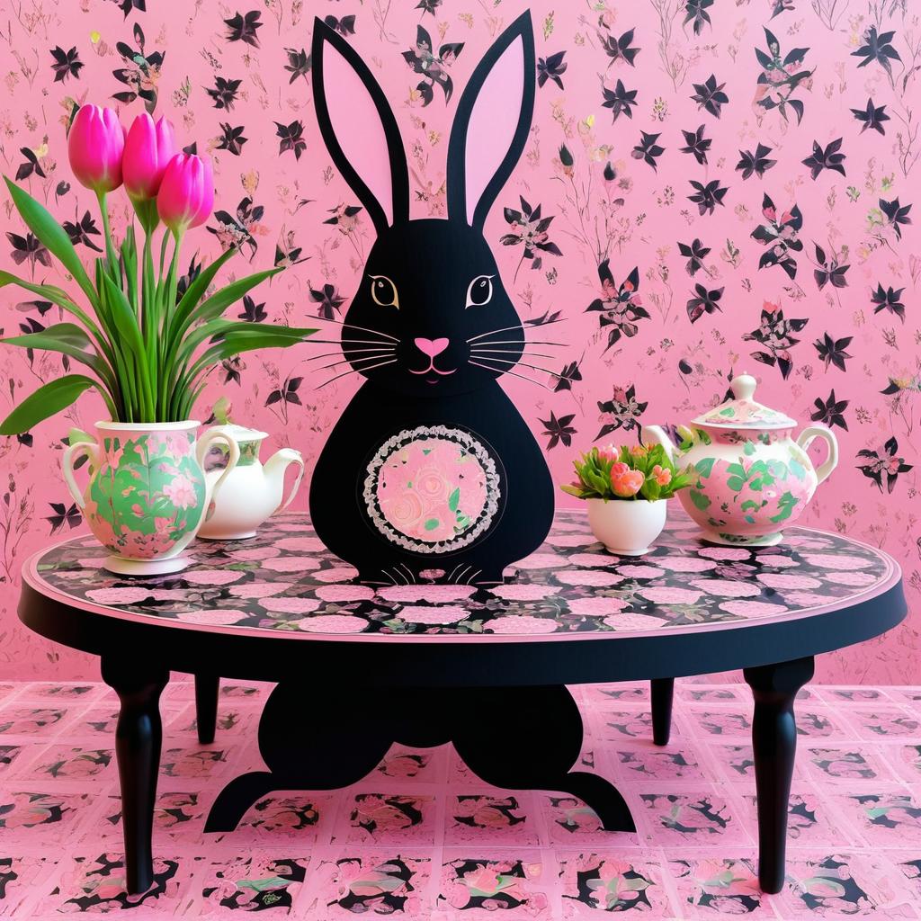 Charming Black Rabbit on Pink Table