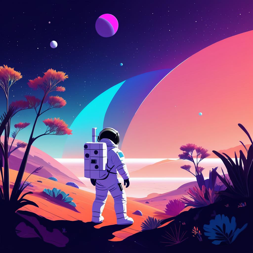 Astronaut Exploring a Colorful Alien Planet