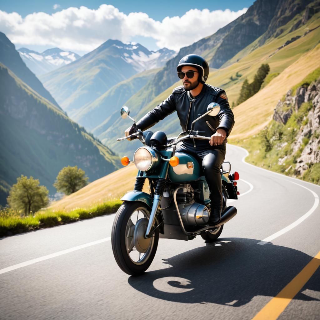 Rider on Classic Moped in Mountains