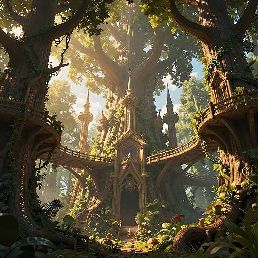 Enchanting fantasy forest scene: Sunlit, towering wooden castle with intricate arches, surrounded by lush greenery, vines, and sunlight filtering through