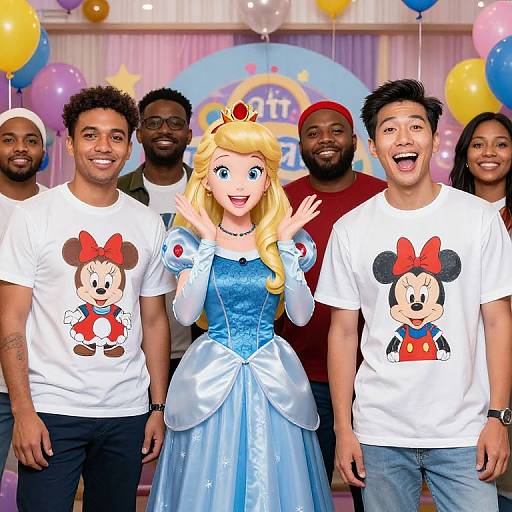Photograph of six smiling men, one woman in a Princess Peach costume, wearing Mickey Mouse and Minnie Bowz T-shirts, surrounded by balloons,