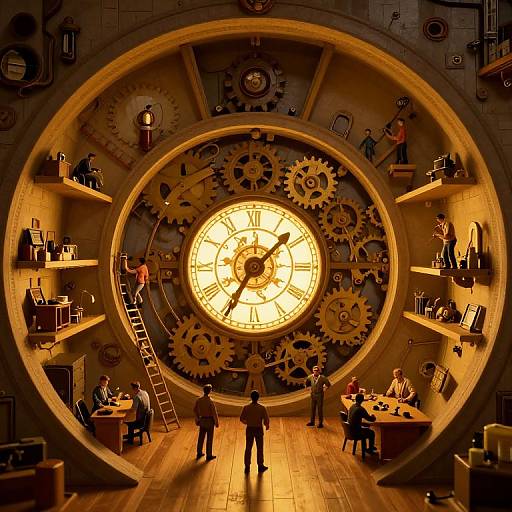 Photograph of a steampunk clock room with large, glowing clock face, intricate gears, people working on shelves, and ladder. Warm, amber